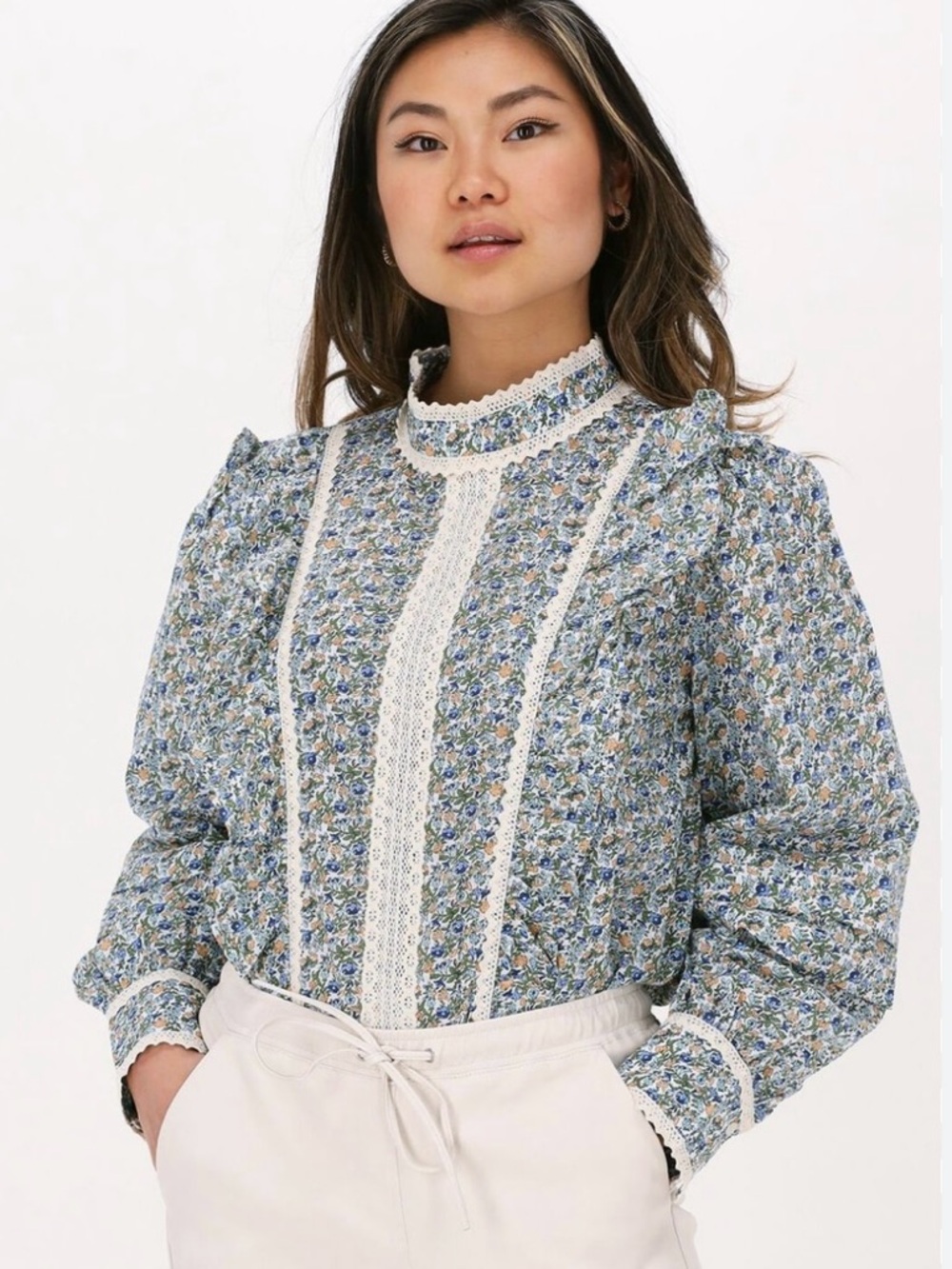 High-Neck Floral Lace-Trim Blouse in Blue